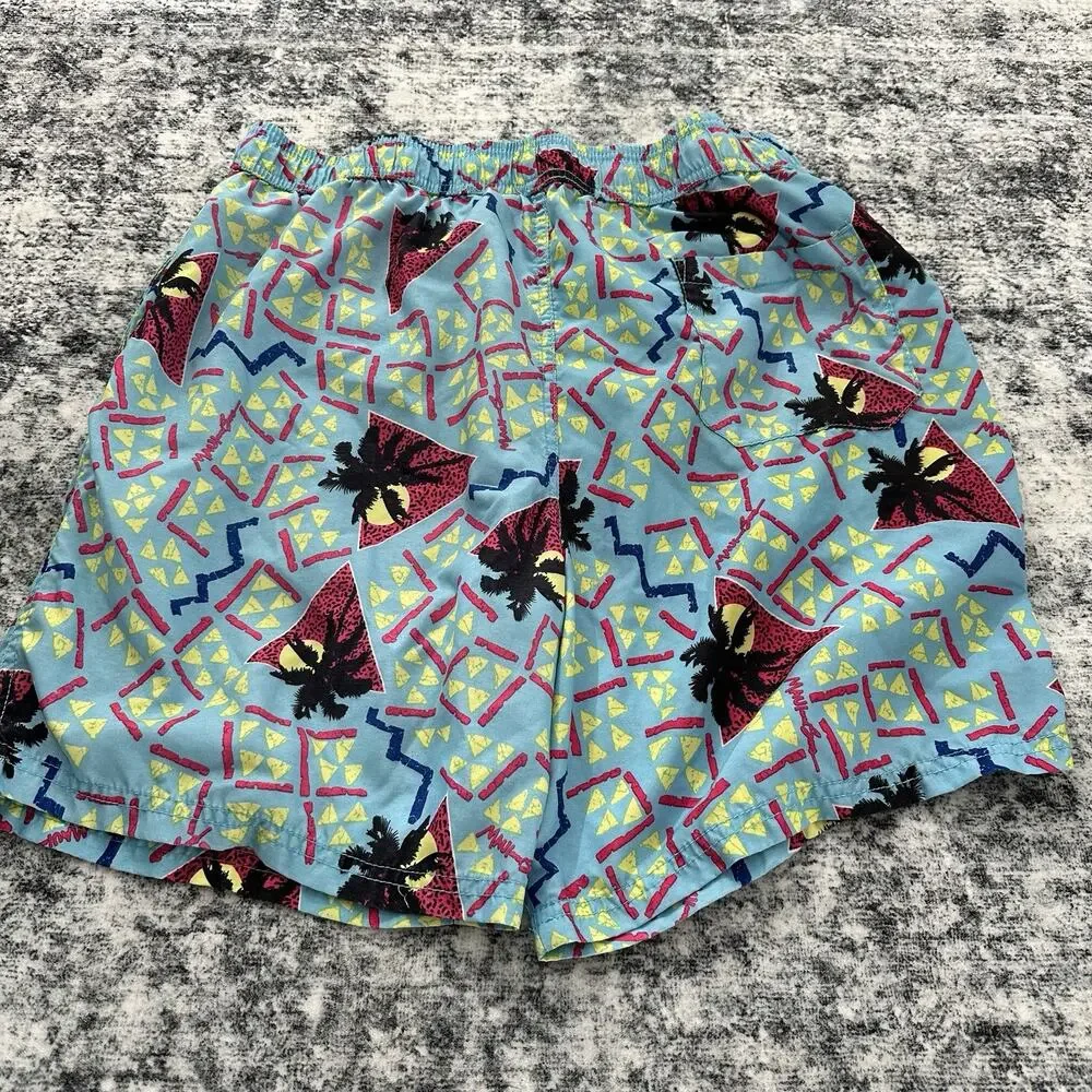 Maui and Sons‎ Mens Swim Trunks Shorts Palm Tree Print 80s Retro Size Large Blue